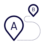 Icon image of movement from point A to point B representing providing customers help