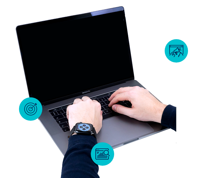 Someone with a laptop working on a project representing SEO research